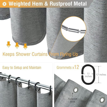BTTN Extra Long Fabric Shower Curtain - 72x90 Inch Linen Textured Heavy Duty Cloth Shower Curtain Set with 12 Plastic Hooks, Large Modern Hotel Luxury Polyester Shower Curtains for Bathroom, Gray/Grey