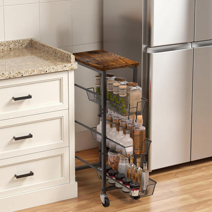 Slim Rolling Cart, 4-Tier Storage Cart, 9.1inch Narrow Kitchen Rolling Cart on Wheels for Small Space, Utility Cart Shelving Unit with Wooden Top and Metal Handle for Kitchen, Bathroom, Laundry Room