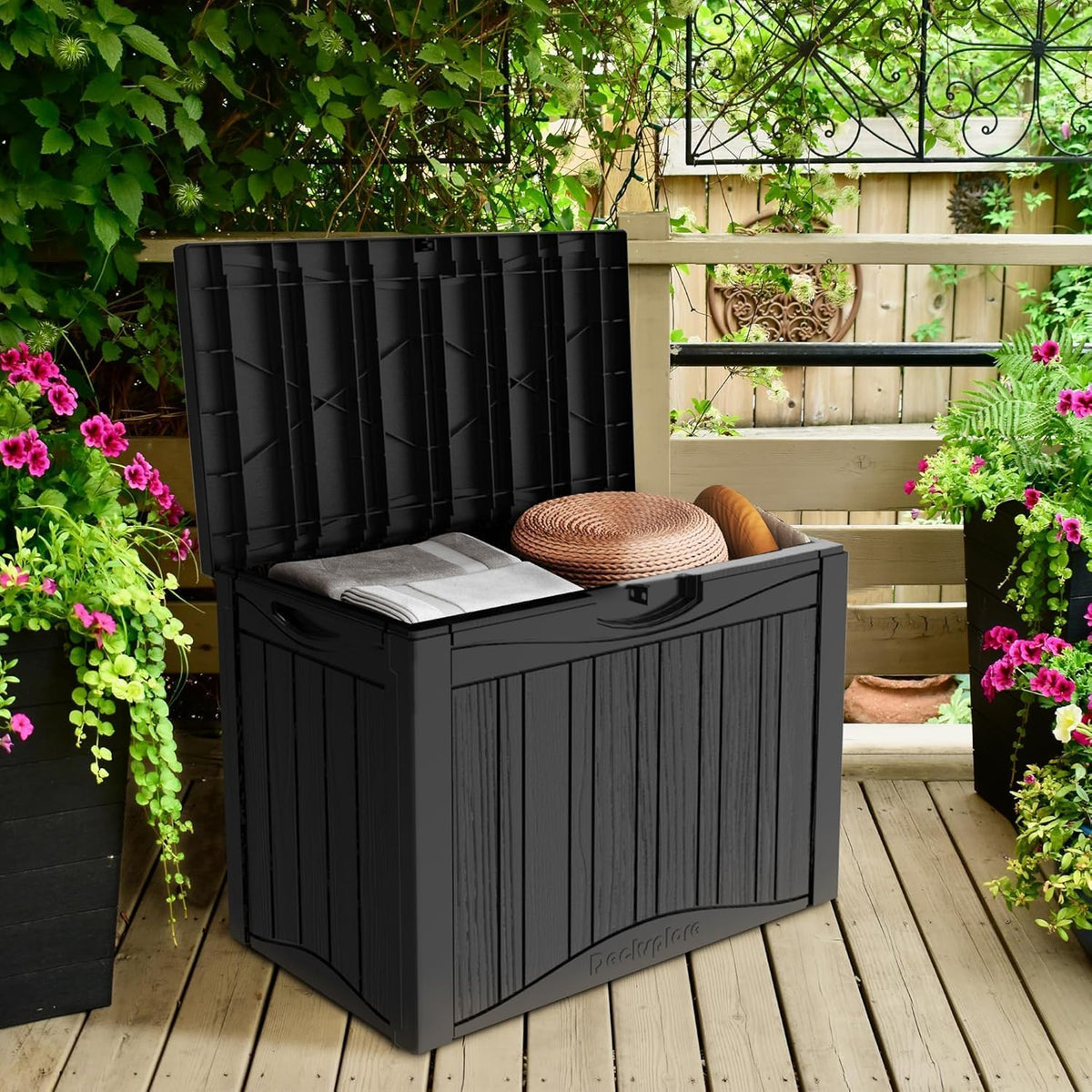 TARKARI 45 Gallon Lockable Resin Deck Box, Waterproof & UV-Resistant Outdoor Storage Box for Outdoor Cushion Storage, Garden Tools & Pool Accessories Storage, Black