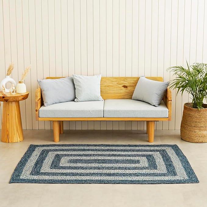 Traditional Jute Braided Runner Rug, Rustic Primitive Country Décor for Kitchen, Entryway, Hallway, Denim Blue, 2'6"X8'