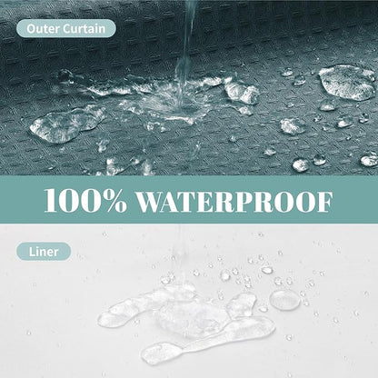 eachope SeawedGreen No Hook Waffle Weave Shower Curtain with snap-in Liner Replacement, 230GSM Waterproof Fabric Hotel Shower Curtain Set for Bathroom, Through Mesh Top Window,71Wx74H