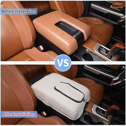 Aunginsy Leather Center Console Armrest Cover Compatible with Toyota Tundra 2014-2021, Car Middle Console Cushion Lid Pad Waterproof Protector, Armrest Seat Box Cover with Storage Bag Accessories