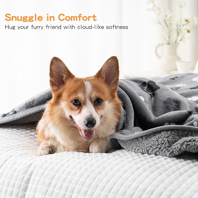 CAPT.SNOOZE Waterproof Dog Blankets Pet Blanket 50"x60", Soft Fluffy Sofa Car Bed Protector, Reversible Sherpa Fleece Dog Blanket for Large Dogs (Dark Grey-Paws)