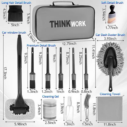 THINKWORK Windshield Cleaner Tool, Car Interior Cleaning Kit, Car Detailing Kit Interior Cleaner with10Pcs Detailing Brush Set, Gray Auto Detailing Supplies & Accessories
