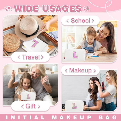 Small Initial Patch Makeup Bag Personalized Gifts Make Up Bag,White Cute PU Leather Glitter Letter Cosmetic Bag with Zipper,Trendy Portable Travel Toiletry Pouch,Preppy Stuff for Teen Girls Women L