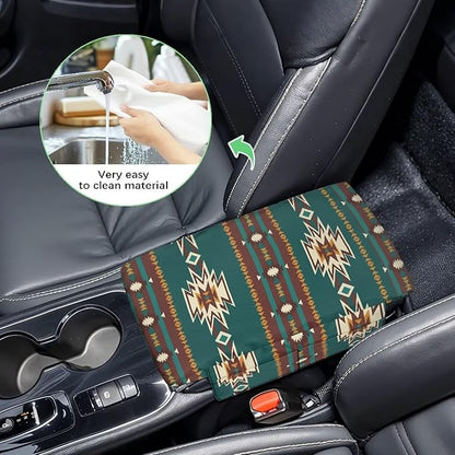 Dreaweet Aztec Arm Rest Cover for Car Thick Car Center Console Cover Pad with Pockets Green Anti-Scratch Car Armrest Cover Cushion Center Console Armrest Replacement