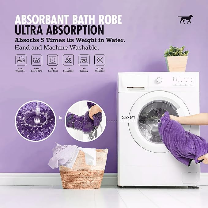 Tuff Pupper Fast Drying Dog Bath Robe | 800 GSM Plush Dog Towel Bathrobe/Dressing Gown | Super Absorbent Pet/Puppy Bathrobe | Adjustable Hood & Belly Strap | Super Soft | Fast Drying (S, Purple)