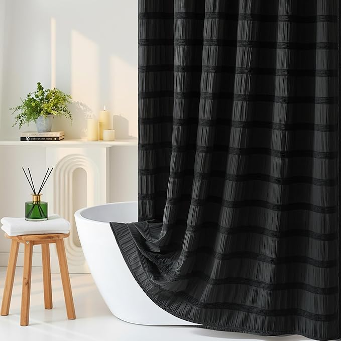 Lameirose Black Shower Curtain Boho, Cotton Blend Waffle Shower Curtain Chic Textured Fabric Shower Curtains for Bathroom, 72 x 72