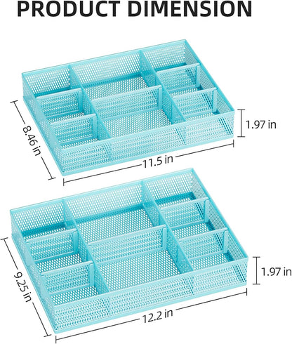 Marbrasse 2 Pack Desk Drawer Organizer, Mesh Drawer Organizer Tray with 8 Adjustable Compartments, Desk Organizers and Accessories, 5 Dividers Drawer for Office Supplies, Makeup & Vanity (Blue)