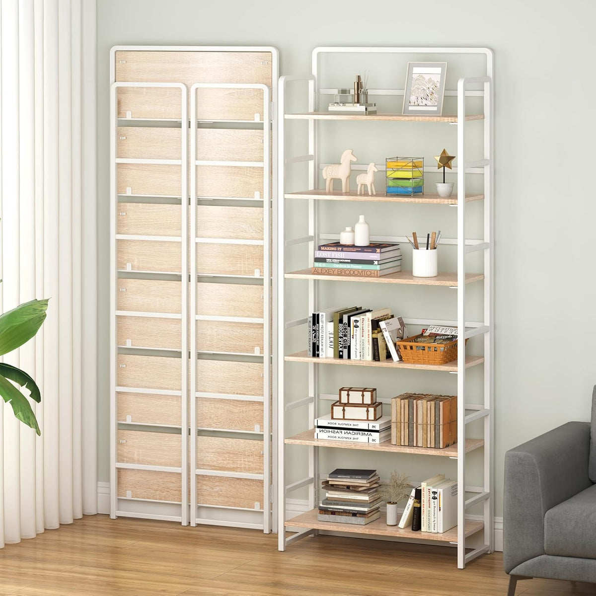4NM No Assembly 6 Tiers Folding Bookshelf Storage Shelves Vintage Bookcase Standing Racks Study Organizer Home Office (Natural White)