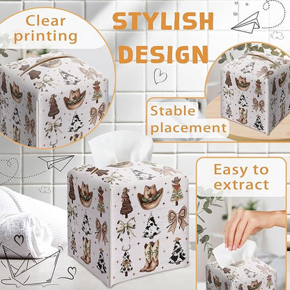 Country Christmas Tissue Box Holder, Cowgirl Boots Hat Christmas Trees Leather Tissue Box Cover Square, Paper Facial Decorative Tissues Cover for Bathroom Kitchen Office Home Decor-B33