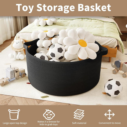 125L Extra Large Blanket Basket, 25" x 16", Jumbo Laundry Woven Baskets Decorative Home, Cotton Rope Basket with Handles, Baby Toy Baskets for Storage, Black