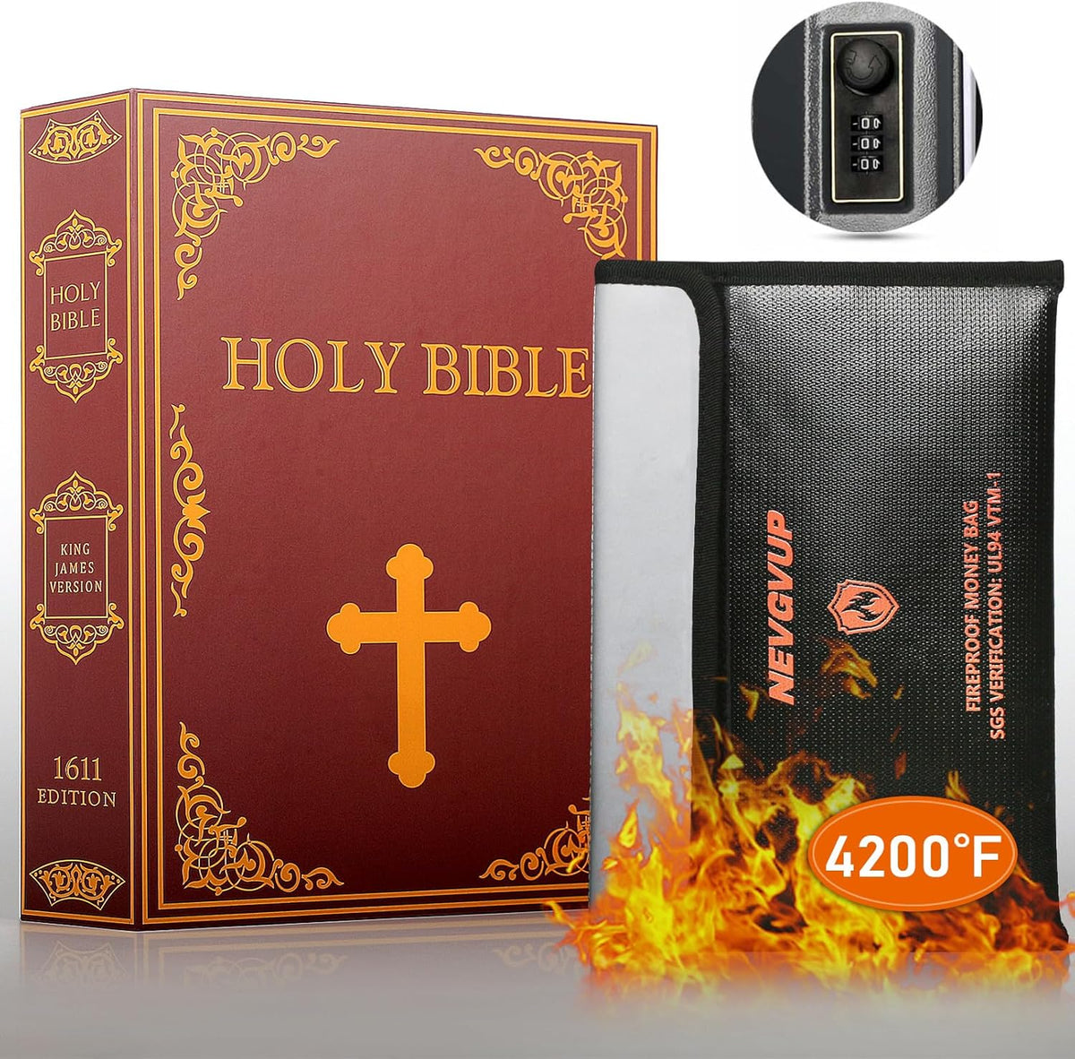 Diversion Book Safe with 4200°F Fireproof Money Bag and Combination Lock, 10.5" x 7.9" x 2.5" Fake Book Hidden Storage Safe, Hollow Secret Portable Metal Storage Box for Cash, Valuables - Easter Bible