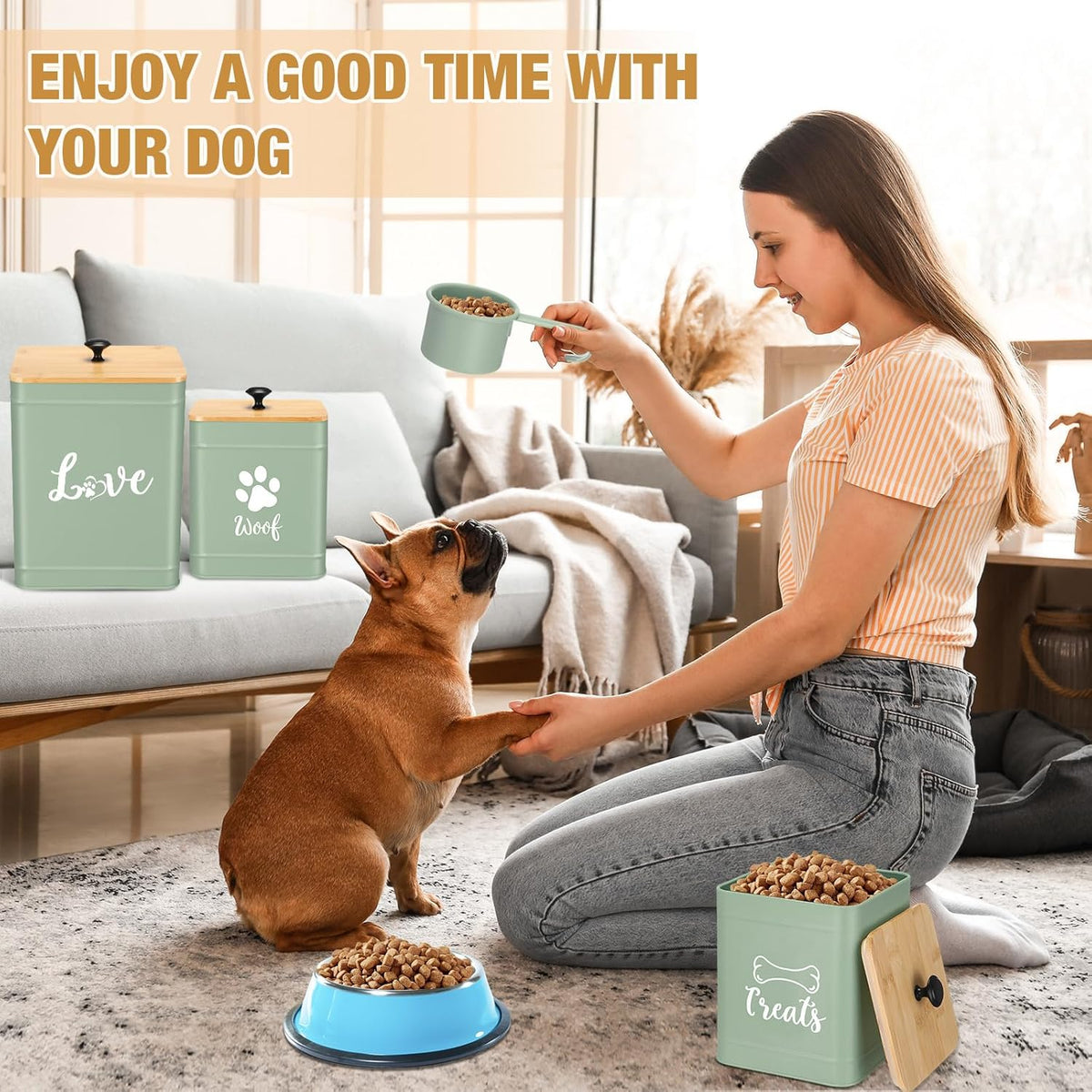 Metal Dog Treat Containers Set of 3 with Bamboo Lids and Spoon Airtight 7+3+2 lbs Dog Food Snack Jars with DIY Labels Big Pet Cookie Storage Jar for Kitchen Counter (Sage Green,Cute)