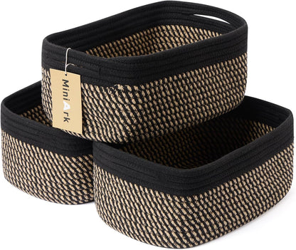 Small Storage Baskets for Organizing | Closet Organizer Bins | Shelf Toy Basket | Woven Rope Baskets | Cube Decorative Box | Shallow Basket | 13x8.5x5.1” | 3 Packs Black Brown
