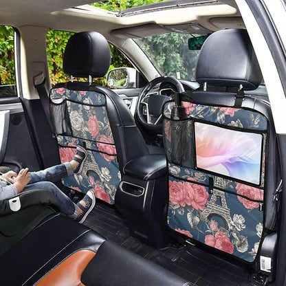 2 Pack Back Seat Car Organizer with Storage Pockets Kick Mats Back Seat Protector Hanging Car Organizer Automotive Seat Back Cover Organizers Blue French Eiffel Tower and Roses