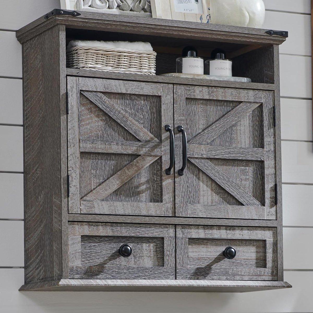 ACCOHOHO Bathroom Wall Cabinet, Farmhouse Medicine Cabinet, 24" Wide Cabinet with Drawer, Adjustable Shelf, Double Barn Doors, Storage Cabinet for Bathroom, Kitchen, Living Room, Grey Wash
