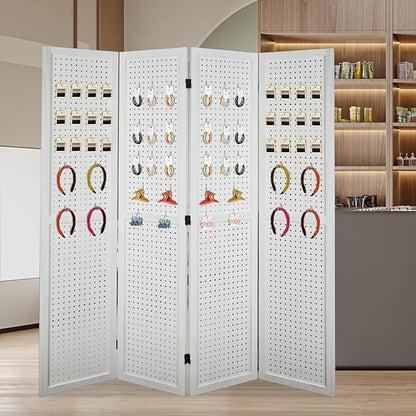 ECOMEX 4 Panel Room Divider, 5.6Ft Pegboard Display Wooden Room Divider Folding