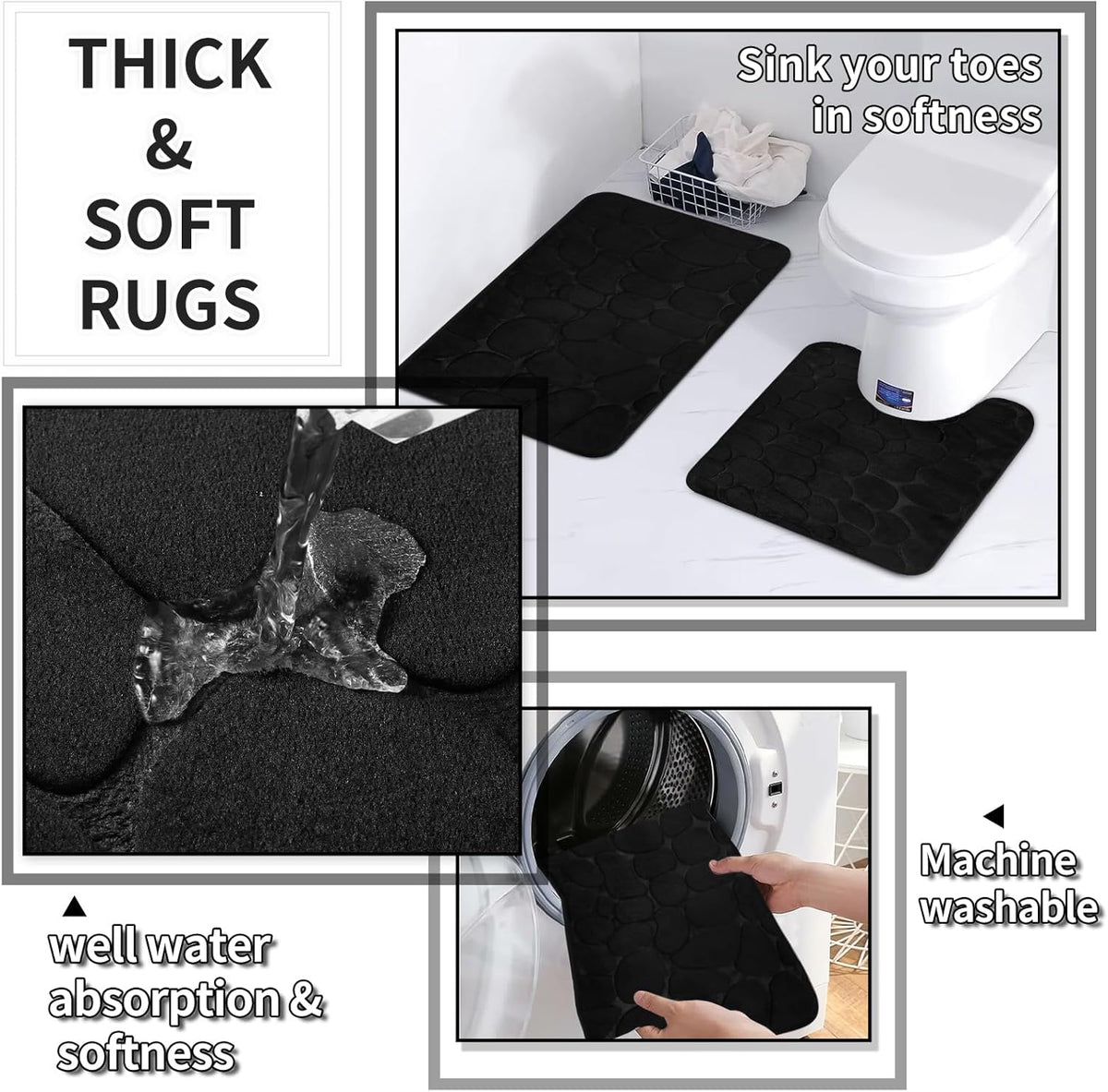 Bathroom Set with Shower Curtain and Rugs- 25PC Bathroom Accessory Set, Black Shower Curtain Set, Toilet Brush, Trash Can, Qtip Holder Dispenser & Soap Dispenser
