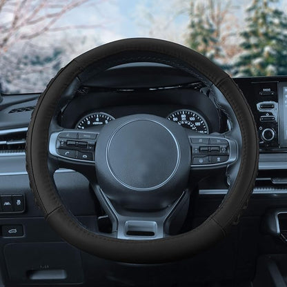 FH Group Universal Fit 15 Inch Genuine Leather with Lace-Up Detailing Steering Wheel Cover fits Most Cars, SUVs Black