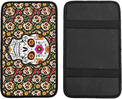 Universal Car Center Console Cushion Pad, Sugar Skull Soft Waterproof Car Center Console Cover Auto Armrest Seat Box Cover Protector for Most Vehicle SUV Truck Car