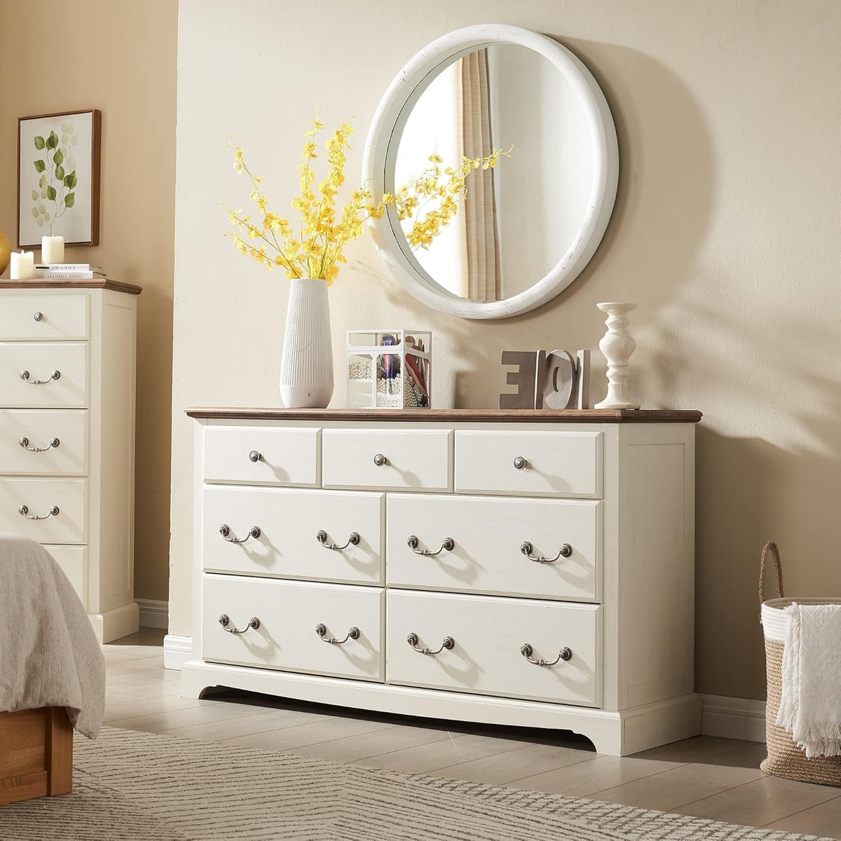 T4TREAM 7 Drawers Dresser Chests for Bedroom, Wood Vintage Chests of Drawers, Rustic Dressers Chset Organizer for Bedroom, Living Room, Hallway, Antique White