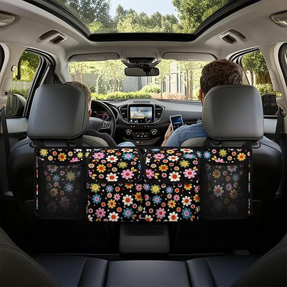 Colorful Hippie Flower Car Trunk Organizer and Storage, Large Capacity Backseat Hanging Storage with 4 Bag Car Accessories, Backseat Car Organizer Universal for Cars, Truck