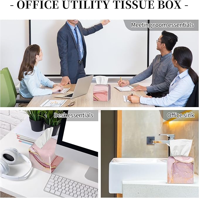 Tissue Box Cover Square, Pink Golden Liquid Marble Leather Tissue Box Holder Decorative Organizer for Bathroom, Home Office Car Decor