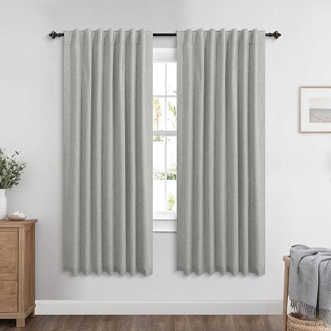 KOUFALL Light Grey Back Tab Linen Blackout Curtains 72 Inch Length