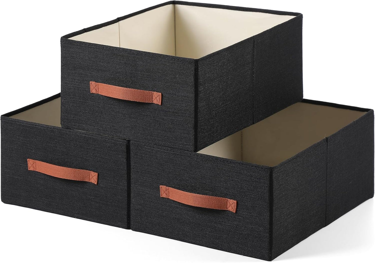 linen closet organizers and storage, 3 Pack Large Storage Baskets, Washable, Clothing Storage Bins with Handle, Closet Organizer for Storage Sweater,Sheets (Black, 18½"x13½"x8½")