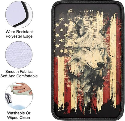 Wolf US Flag Print Car Center Console Armrest Cover,Armrest Cushion Cover Pad, Wolf Print Car Accessories Universal Fit