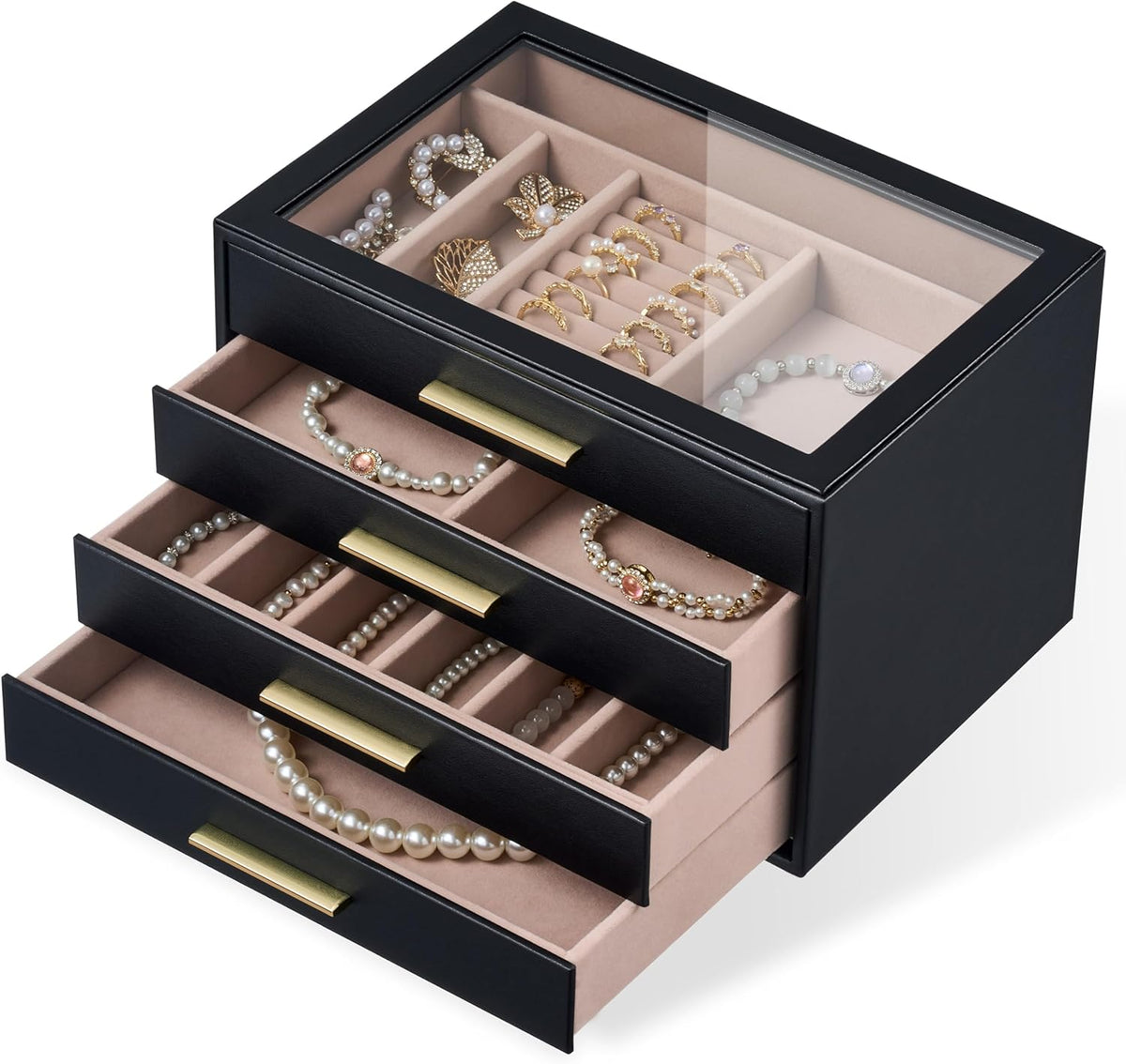 pickpiff Jewelry Box Organizer Case for Women: 4-Layer Jewelry Storage Case with Glass Window, Black Leather with Blush Velvet, Holder for Ring Necklace Bracelet Brooch Watch, Great Gift for Her