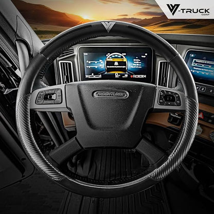 18-Inch Genuine Leather Steering Wheel Cover for Semi Trucks – Black with Black Stripes, Universal Fit Heavy-Duty Non-Slip Grip, Comfortable Control, Easy Installation