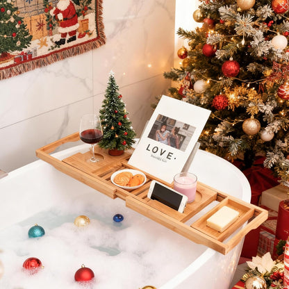 Utoplike Bamboo Bathtub Caddy Tray Bath Tray for Tub, Adjustable Bathroom Bathtub Organizer with Book Tablet Wine Glass Cup Towel Holder