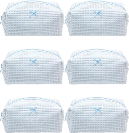 PAZIMIIK 6PCS Cozy Makeup Bag Travel Cosmetic Bag for Women Soft Toiletry Bag Aesthetic Makeup Organizer Portable Large Zipper Pouch for Skincare Beauty Accessories Brushes Waffle Check Blue