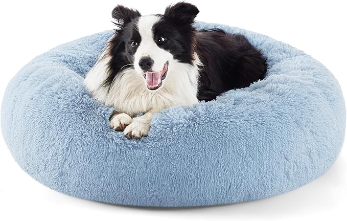 Bedsure Calming Dog Bed for Large Dogs - Donut Washable Large Pet Bed, Anti-Slip Round Fluffy Plush Faux Fur Dog Bed, Fits up to 80 lbs Pets, Light Blue, 36 inches