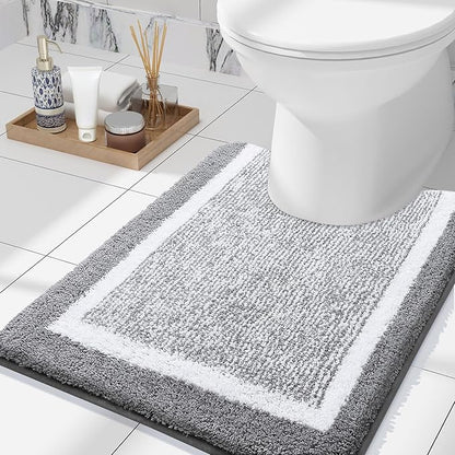 OLANLY Toilet Rugs U-Shaped 24x20, Extra Soft and Absorbent Microfiber Bathroom Rugs, Non-Slip, Machine Wash Dry, Plush Shaggy Contour Bath Mats for Toilet Base (Grey and White)