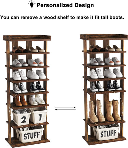 HOMEFORT 7-Tier Wood Shoe Rack, Double Rows Shoe Shelf, Shoe Storage Stand, Entryway Shoe Tower, Vertical Shoe Organizer for Narrow Closet, Entryway, Hallway, Rustic Brown