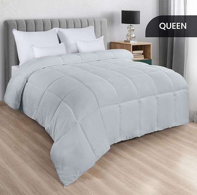 Utopia Bedding Comforters Queen Size, All Season Duvet Insert, Down Alternative Box Stitched Bed Comforter with Corner Tabs, Machine Washable (Light Grey)