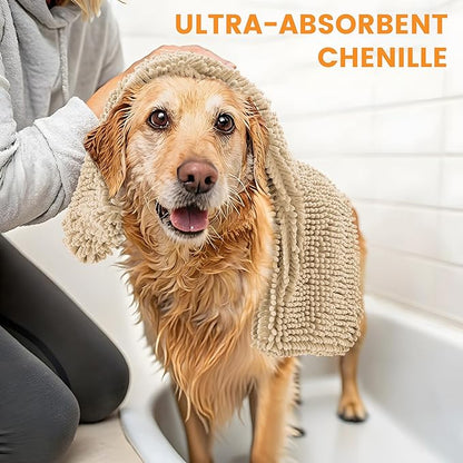 Smiry Chenille Dog Drying Towel, Extra Absorbent Bath Towel for Mud Dogs, Ultra Soft Quick Dry Pet Wash Mitt for Bathing, Grooming and Post-Walk Cleaning (31x13 Inches, Beige)