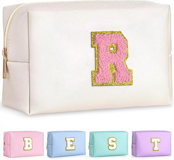 TOPEAST Cosmetic Travel Bags for Women, Preppy Small Makeup Bag, PU Leather Waterproof Toiletry Bag, Unique Friendship Gifts for Friends Coworker, Cute Stuff for Girls (Pearly White R)