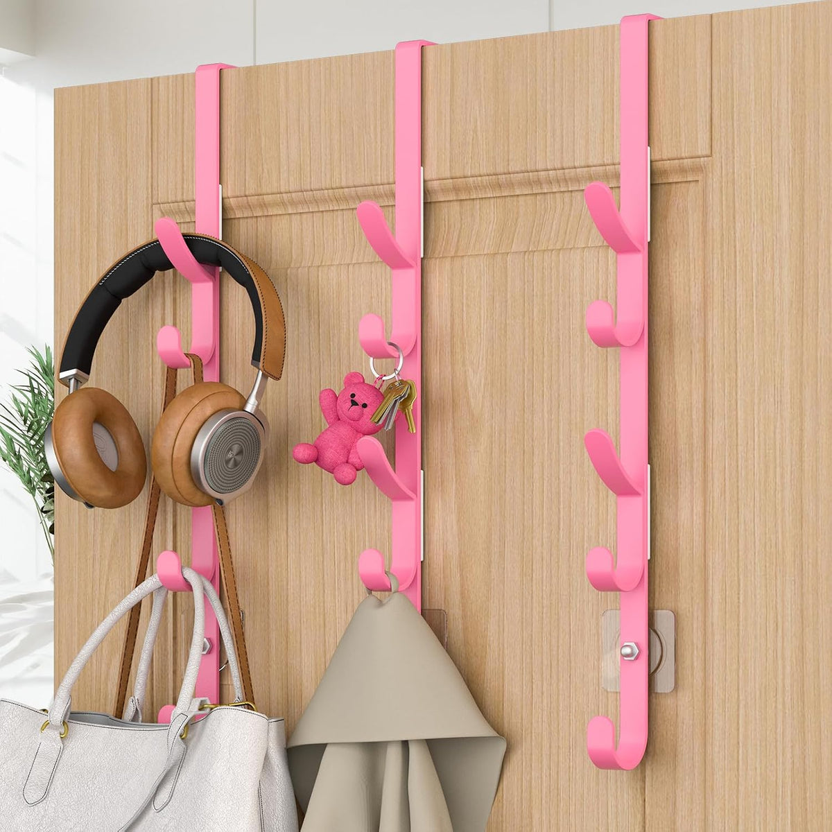 Over The Door Hooks, Metal Door Hooks for Hanging, Over The Door Purse Organizer for Coat Hanger, Back of Shower Door for Hanging Towel Rack Clothes, Hat, Bathroom, Closet (Pink-3Packs)