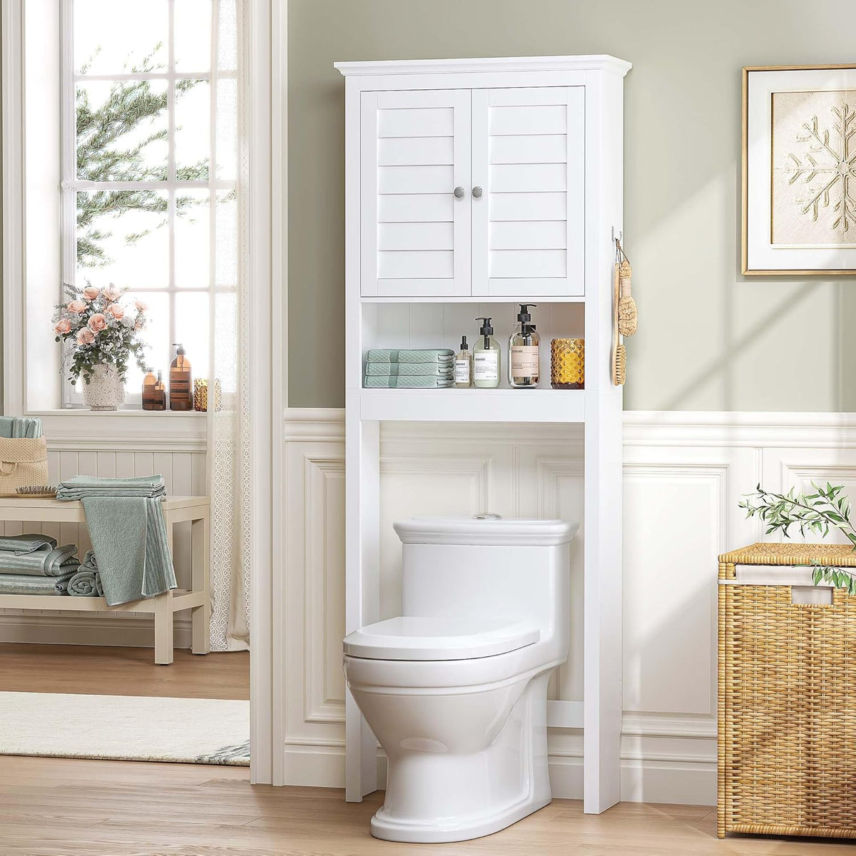 Spirich Over The Toilet Storage Cabinet, Space-Saving Above Toilet Bathroom Organizer with Adjustable Shelf and Hooks, White