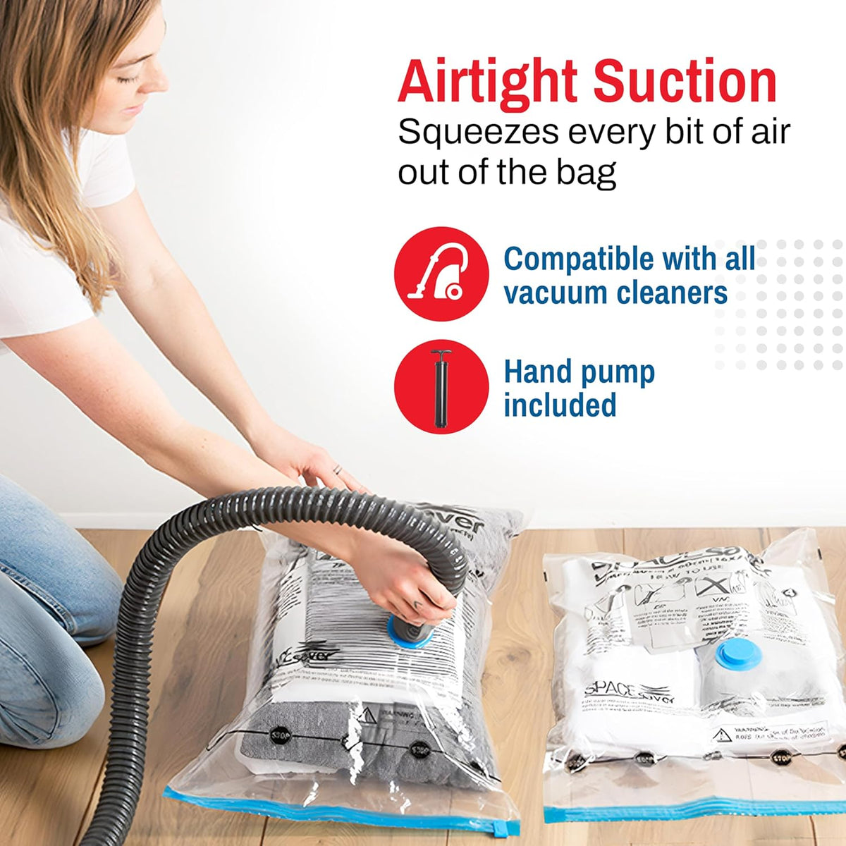 5 Pack Large Vacuum Storage Bags for Comforters, Blankets & Clothes – Vacuum Sealed Compression Bags with Hand Pump – Space Saver Storage Bags for Bedding, Moving, Travel & Organization