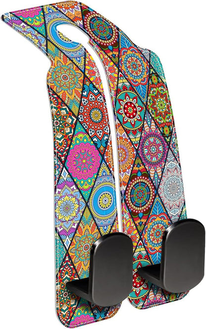 Purse Hook for Car Vintage Boho Mandala Flowers 1 Pack Headrest Back Seat Hook Premium Leather Double Metal Hanger Storage Pack Bag Purse Holder Car Accessories