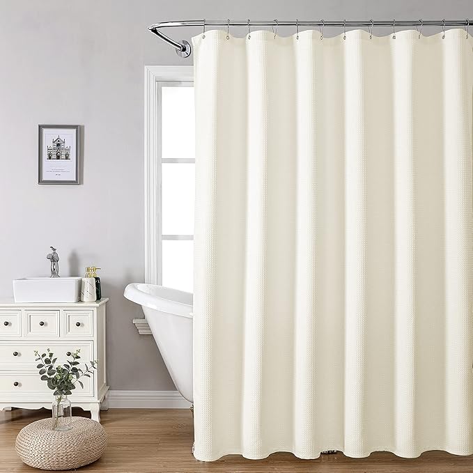 MISS SELECTEX Machine Washable Cloth Shower Curtain, Matt Waffle Durable Thick Cloth Shower Curtain for Bathroom,Premium Water Repellent Fabric Luxury Spa Hotel Shower Curtain(72Wx78H,Ecru/Beige)