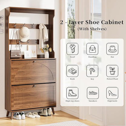 Shoe Cabinet for Entryway with 2 Flip Drawers & Coat Rack, Narrow Hidden Shoe