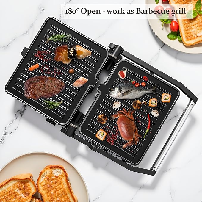 Panini Press, Sandwich Press Grill, 180 Degree Open, Non-Stick Grill, Table
