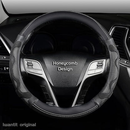 Iwantit® Steering Wheel Cover with 3D Honeycomb Anti-Slip Design and Breathable Fabrics, Universal 14.5-15 Inch (White/Black)