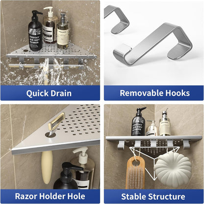 Grout in Shower Shelves with Hooks, 304 Stainless Steel Corner Bathroom Shelf for Tiled Wall (Brushed, 10'' x 10'')